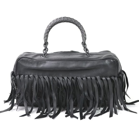 Authentic BOTTEGAVENETA Intrecciato Fringe Handbag Black Leather/Metal - - Picture 1 of 13
